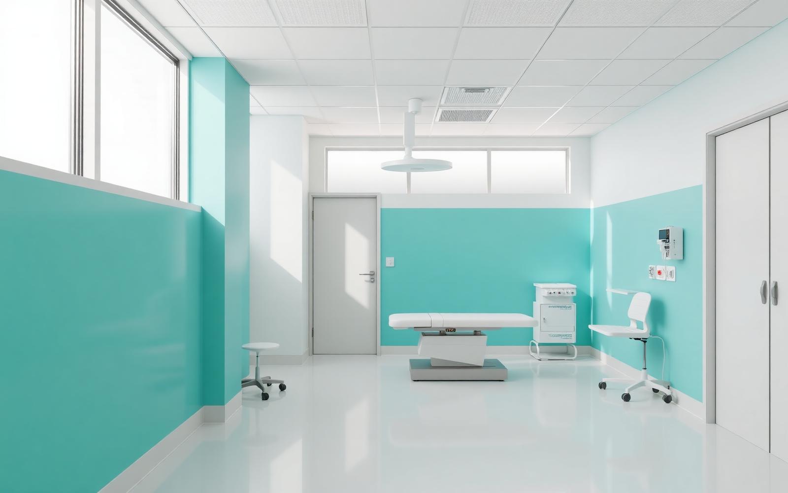 A bright, calm modern clinic room in white and soft teal